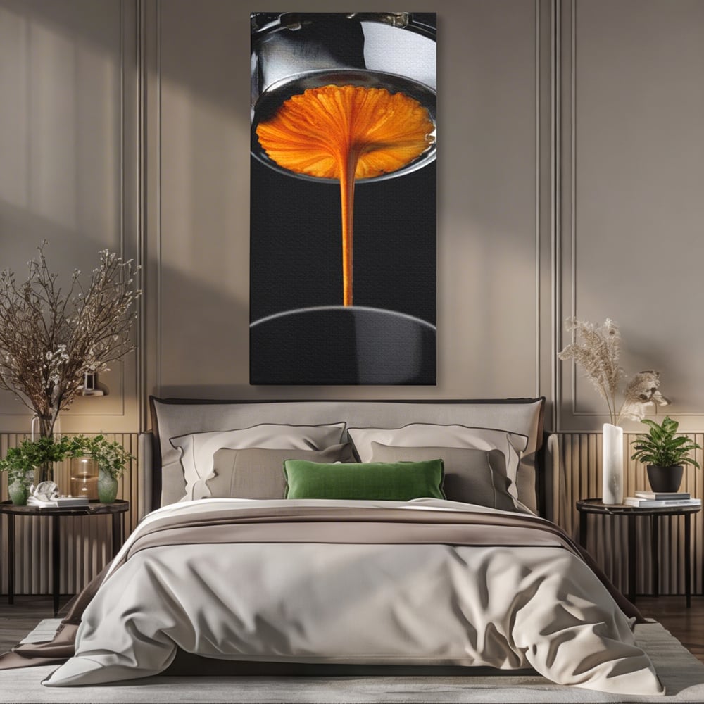Tablou canvas cu tablou canvas cu jet de espresso, fara rama, pe sasiu de lemn, pe perete intr-un dormitor